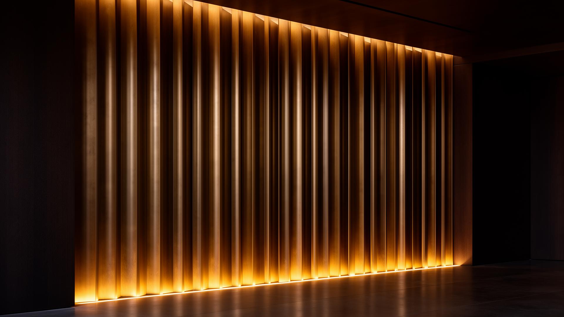 Vertical bronze fin cladding backlit with warm amber light