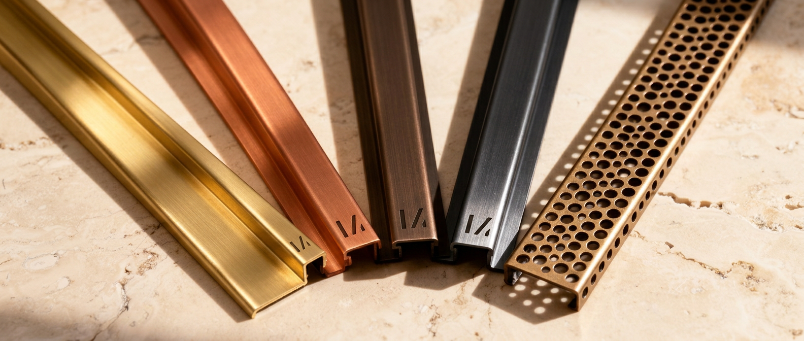 Six architectural metal profiles in brass, copper, bronze, blackened steel and perforated bronze fanned across a limestone surface